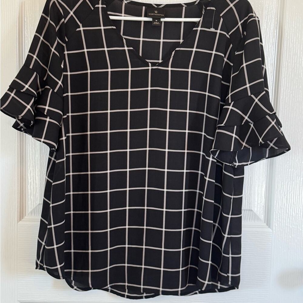 Worthington Black & White Grid Blouse, Career, Timeless, Chic Lightweight Medium - Picture 3 of 5